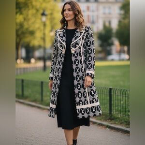 Vintage Nanette Lepore Navy and Cream Embroidered Lace Patterned Coat Size 0